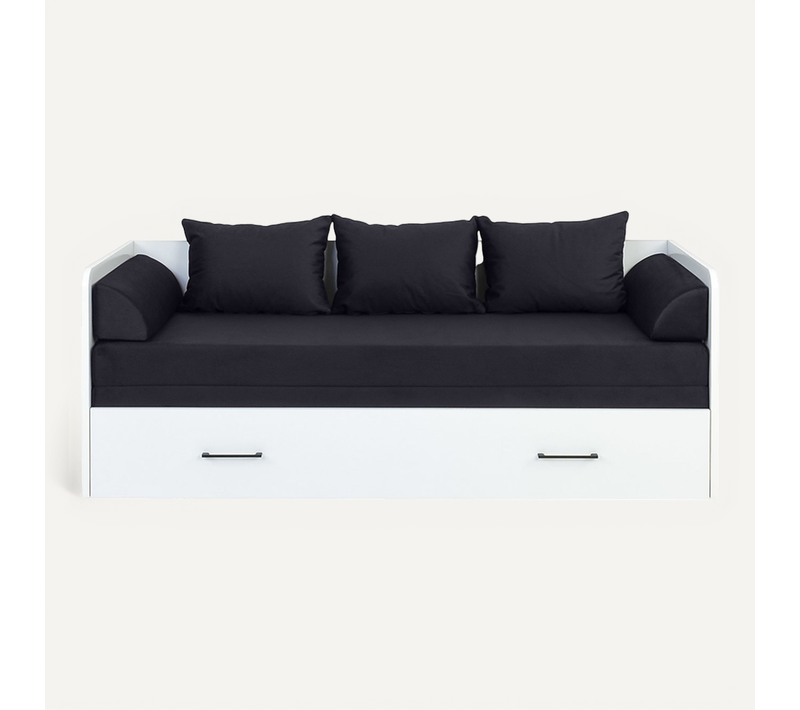 Lit, canapé convertible 80-160x200 cm avec coffre de rangement, matelas et 3 oreillers