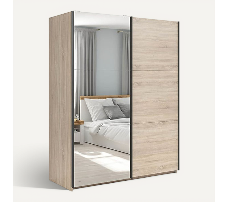 Armoire Coulissante Avec Miroir Coloris Chêne Sonoma - L. 153,5 X P. 60 X H. 195,5 Cm