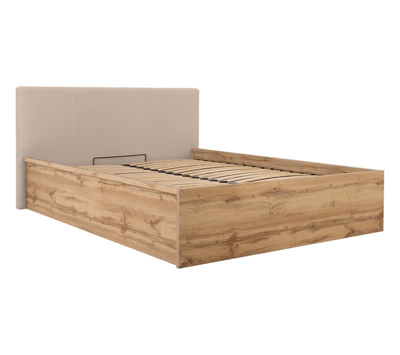 Lit Adule 160x200 Avec Tête De Lit Rembourrée Beige,sommier Et Rangement, Coloris Chêne Sonoma