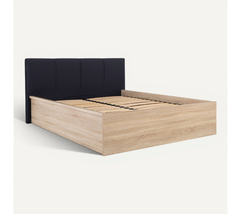 Lit Adule 160x200 Avec Tête De Lit Embourrée Noir,sommier Et Rangement, Coloris Chêne Sonoma