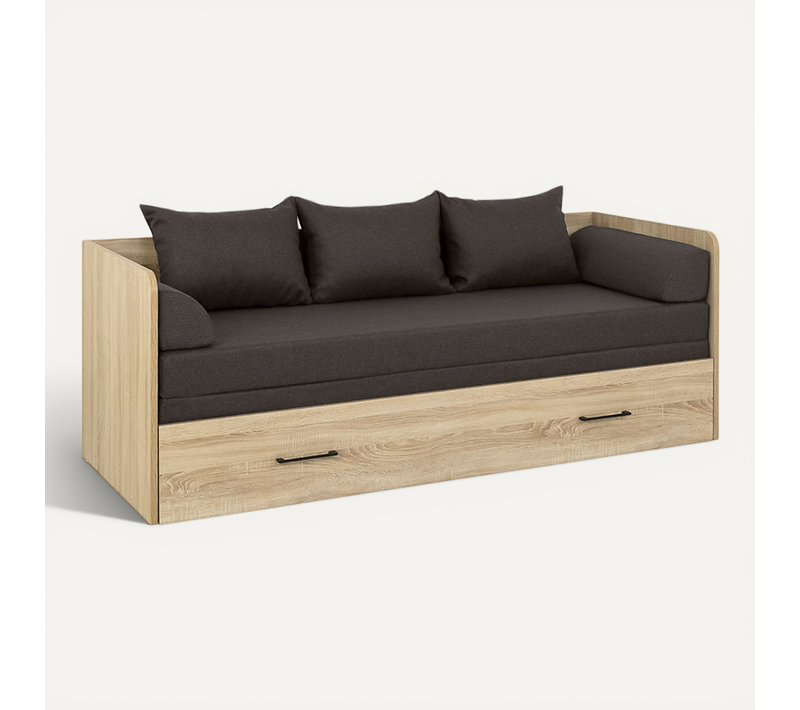 Lit canapé convertible 80-160x200 cm avec coffre de rangement, matelas et 3 oreillers inclus