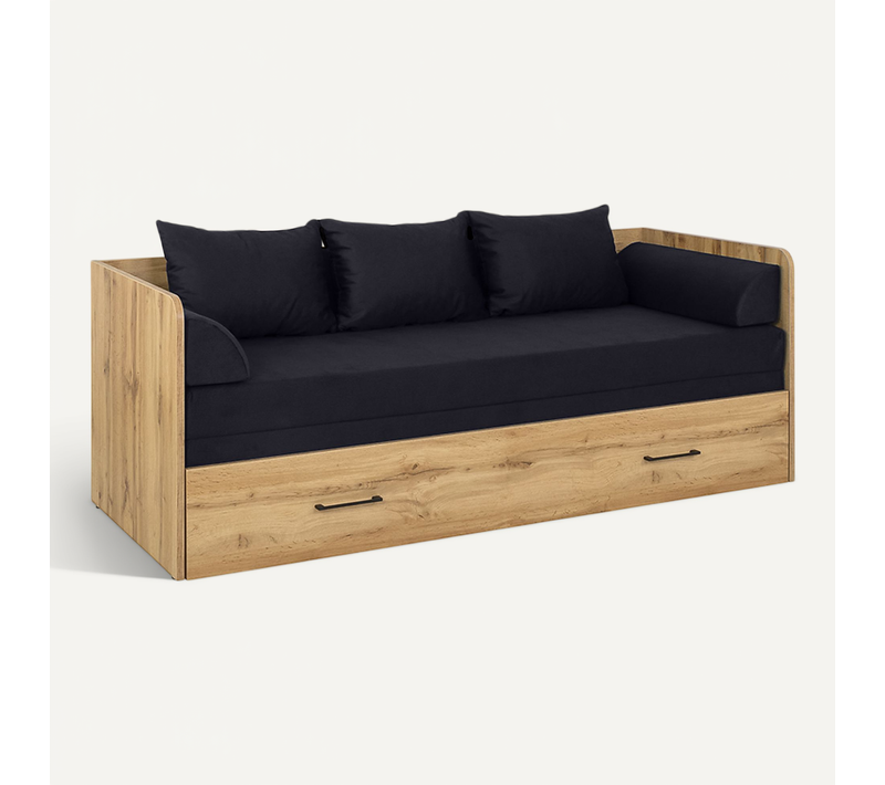 Lit canapé convertible 80-160x200 cm avec coffre de rangement, 3 oreillers et matelas inclus