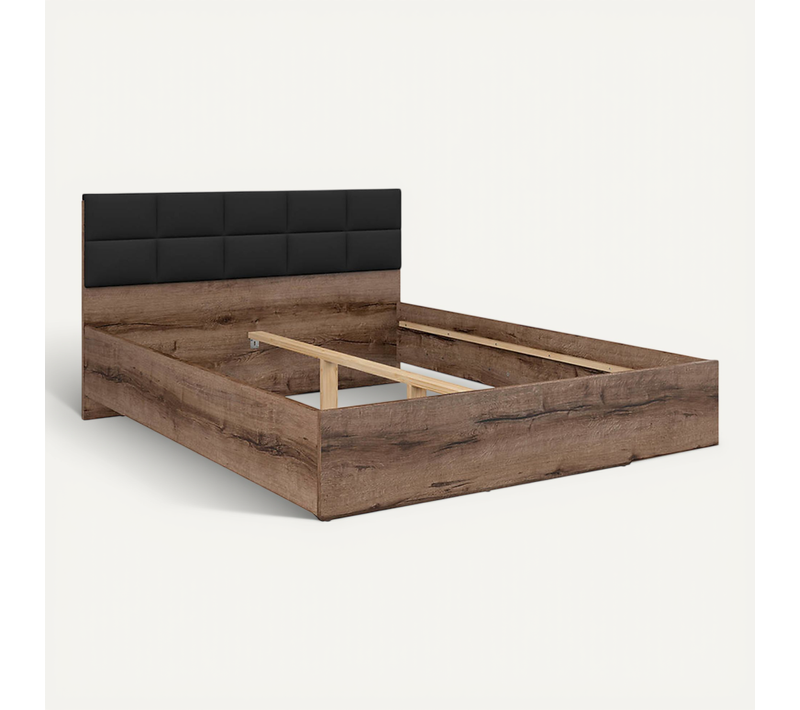 Lit Double 180x200 Avec Tête De Lit Rembourrée Noir ,coloris Chêne Marron Foncé