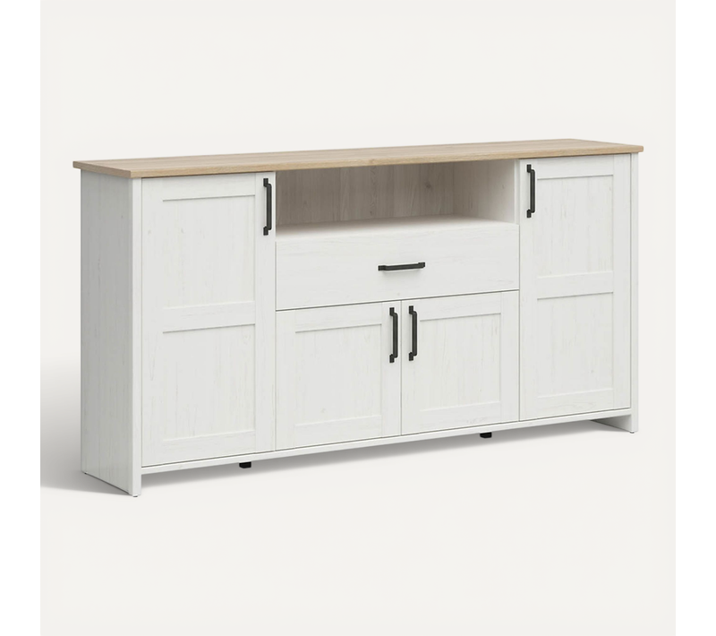 Commode Buffet à 4 Portes, Tiroir Et étagère, Coloris Blanc Pin Andersen/chêne Clair