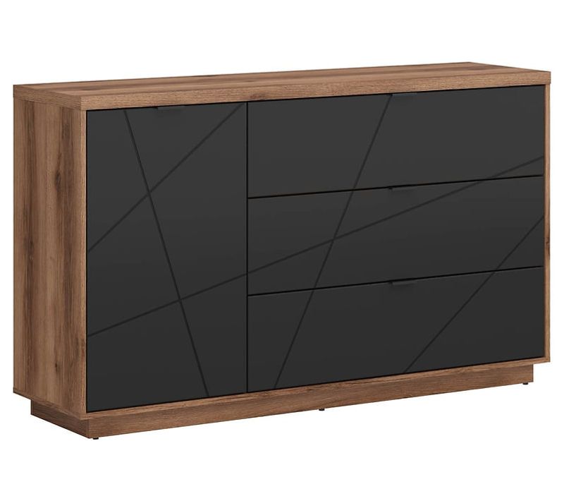 Commode Buffet Avec 1 Porte Et 3 Tiroirs, Coloris Chêne Delano / Noir Mat