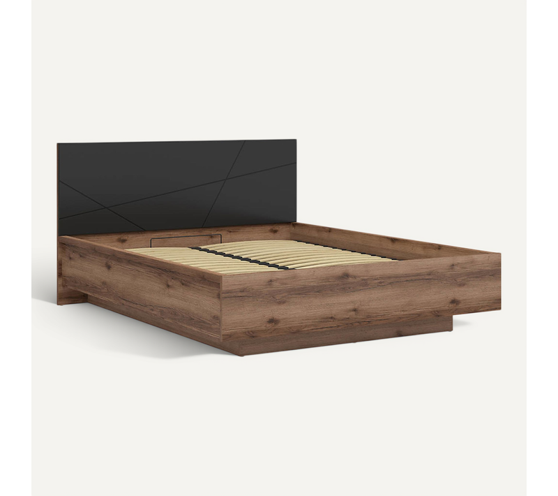 Lit Coffre 160x200 Avec Sommier Et Rangement, Coloris Chêne Delano / Noir Mat