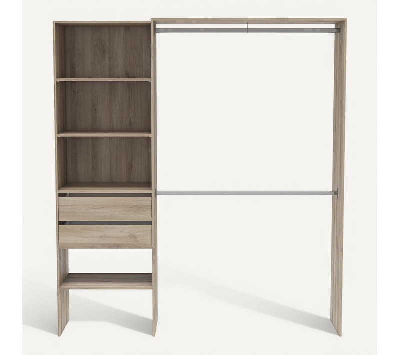 Armoire Dressing Avec 2 Penderies, 4 étagères Et 2 Tiroirs Couleur Chêne