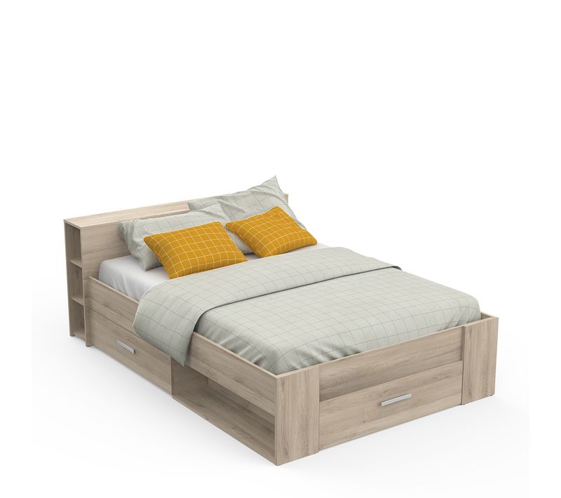 Lit Adulte 140x190 Cm Avec Rangement 3 Tiroirs Couleur Chêne - L. 150,1 X P. 217,1 X H. 74,3 Cm