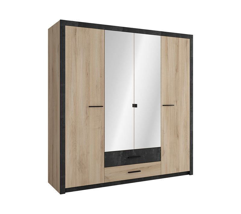 Armoire Placard De Rangement 4 Portes Dont 2 Avec Miroir Couleur Chêne / Noir