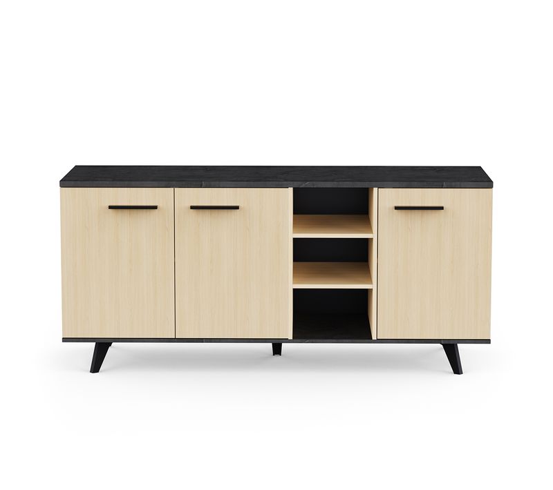 Buffet Bas Meuble De Rangement 3 Portes 3 Niches Couleur Chêne / Anthracite