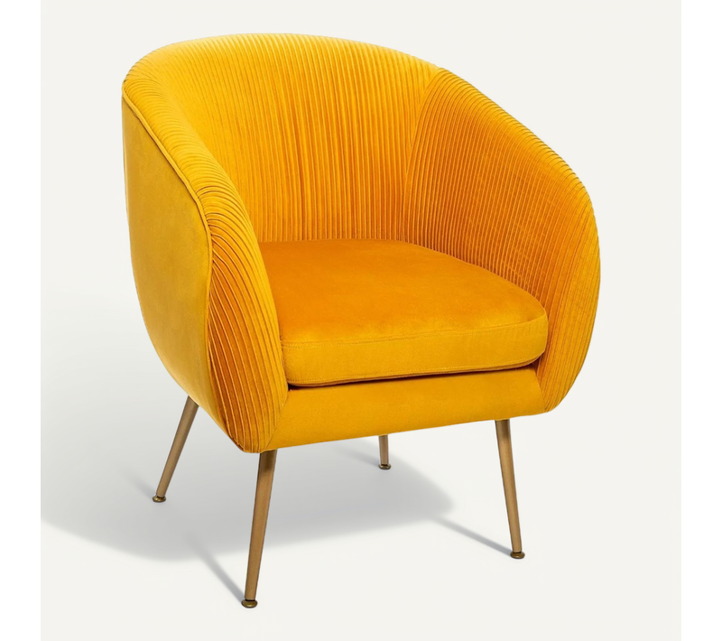 Fauteuil En Velours Coloris Ocre Plissé Et Pieds En Métal Doré - L. 74 X P. 70 X H. 78 Cm