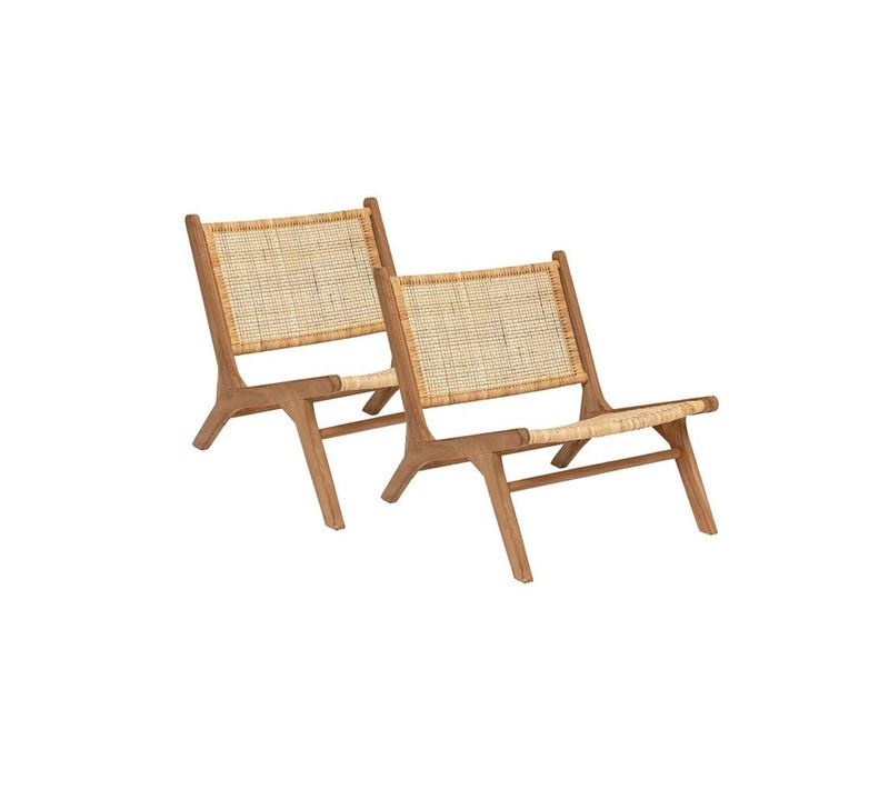 Lot De 2 Fauteuil Chaise En Teck Et Tressage En Rotin - Longueur 65 X Largeur 80 X Hauteur 71 Cm
