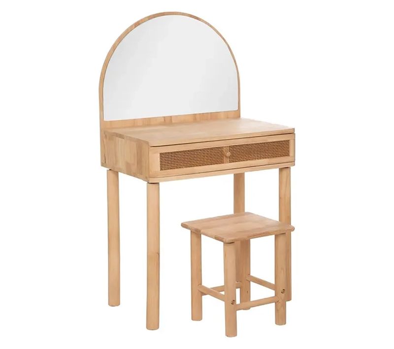Coiffeuse Et Tabouret Avec Miroir Pour Chambre D'enfant, Coloris Beige - L. 55 X P. 36,5 X H. 100 Cm