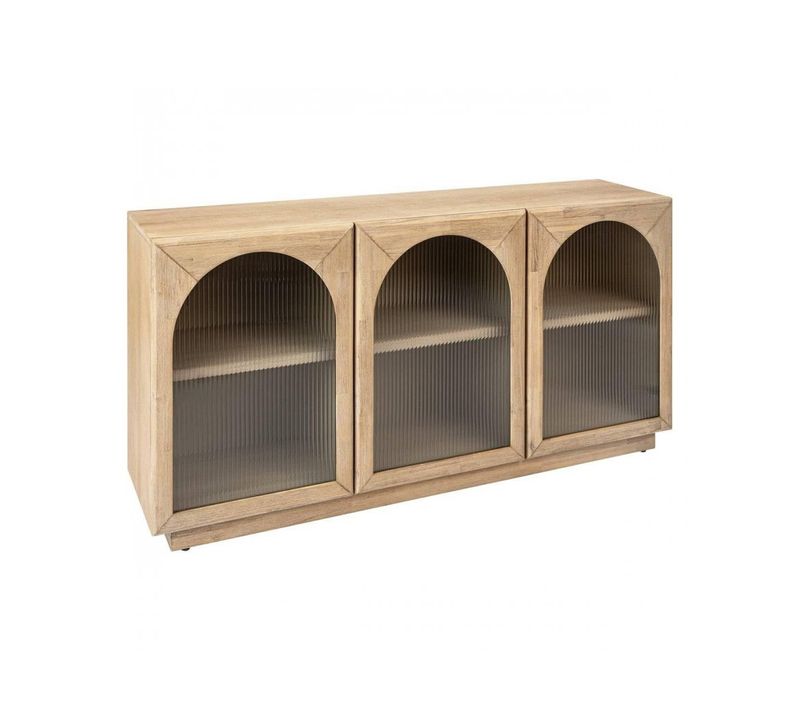 Buffet Meuble De Rangement En Bois Avec 3 Portes En Verre Et Étagères Ajustables, Coloris Beige