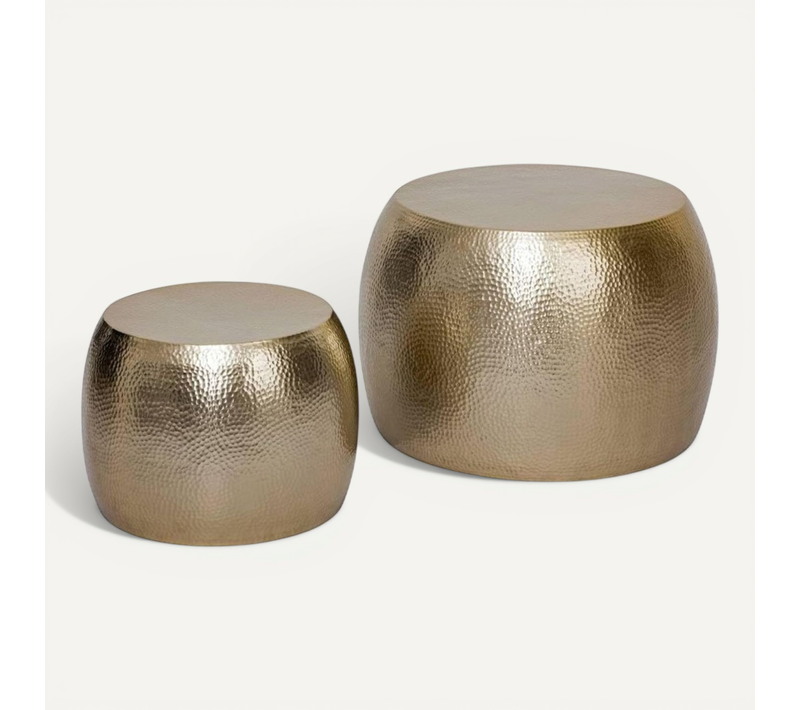 Lot De 2 Tables Basses Gigognes Rondes En Métal Doré Martelé - Diamètre 70 X Hauteur 45 Cm