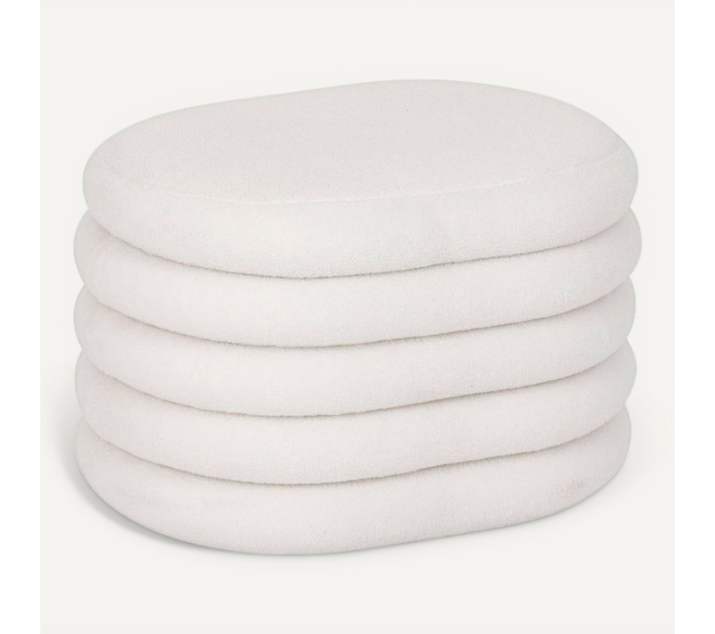 Pouf De Rangement Ovale En Tissu Bouclette, Coloris Blanc - L. 59 X P. 45 X H. 40 Cm
