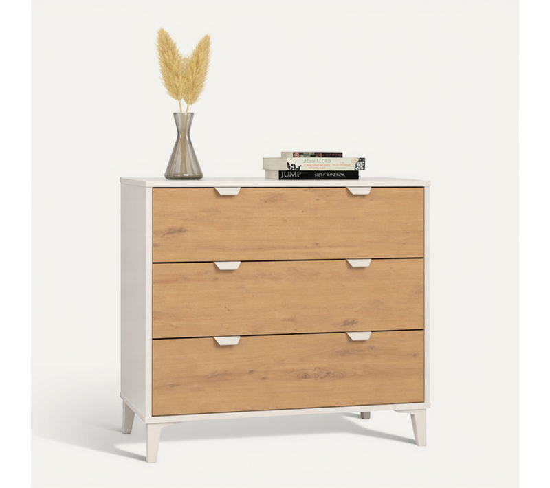 Commode, Meuble De Rangement Avec 3 Tiroirs Coloris Blanc/chêne Albar - H. 80 X L. 77 X P. 48 Cm