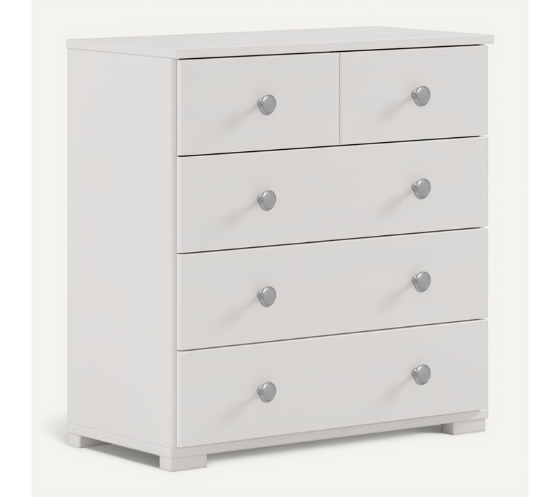 Commode Chiffonnier Meuble De Rangement Avec 5 Tiroirs, En Pin Massif Coloris Blanc