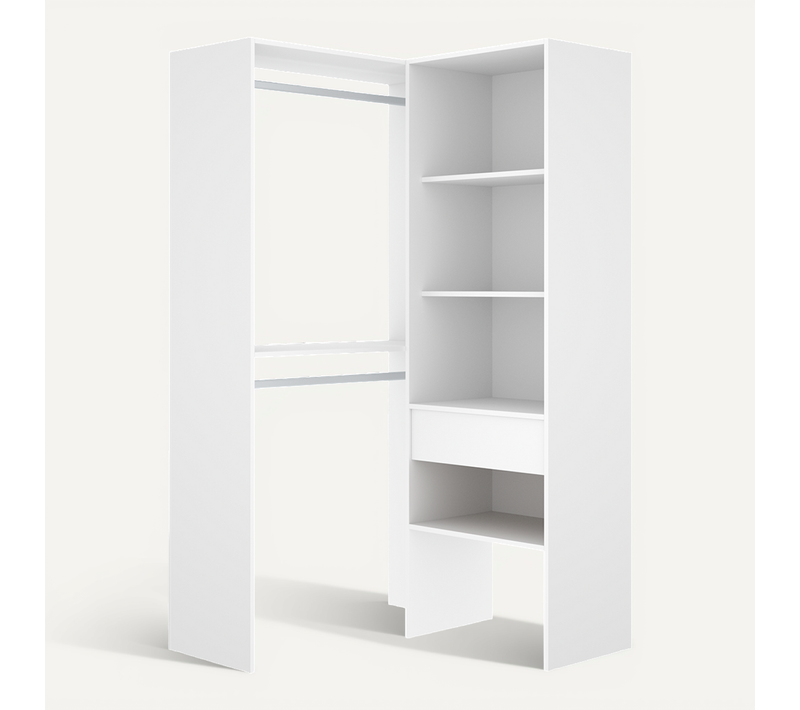 Dressing D'angle Ouvert Avec Penderie à Double Tringles, 1 Tiroir Et 4 étagères, Coloris Blanc