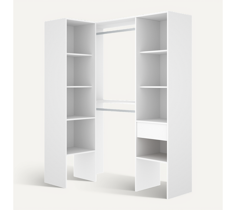 Dressing D'angle Ouvert Avec Penderie à Double Tringles, 1 Tiroir Et 8 étagères, Coloris Blanc