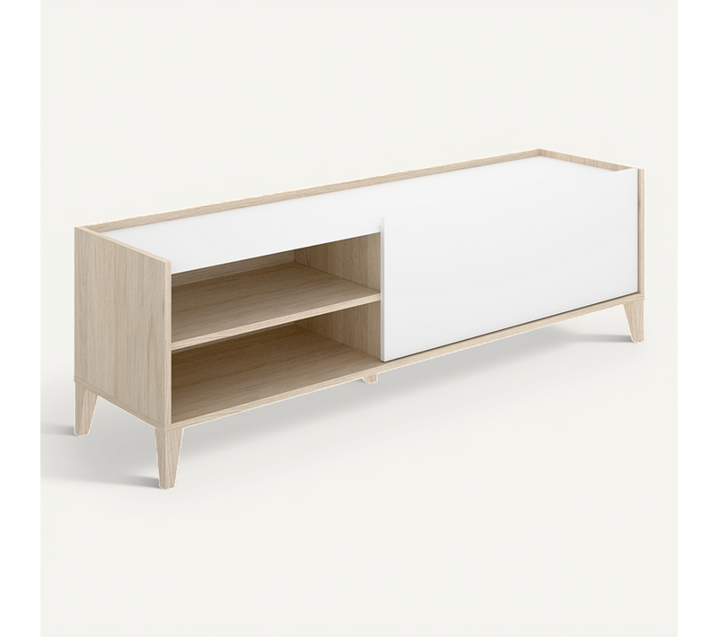 Meuble TV Bas Avec 1 Porte Abattante Et 2 Compartiments Ouverts, Coloris Naturel/blanc