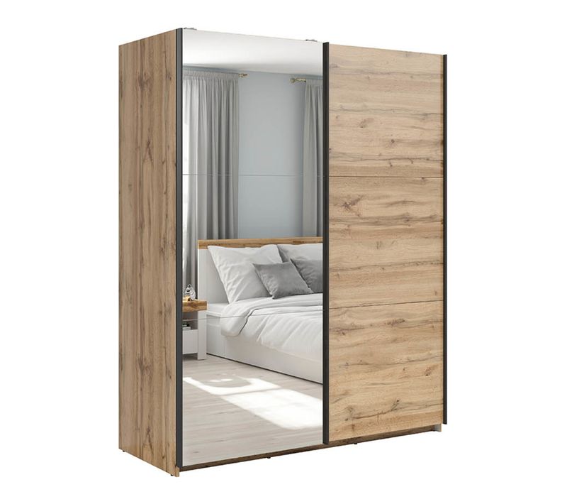 Armoire Placard à 2 Portes Coulissantes Dont 1 Porte Avec Miroir Coloris Chêne Wotan