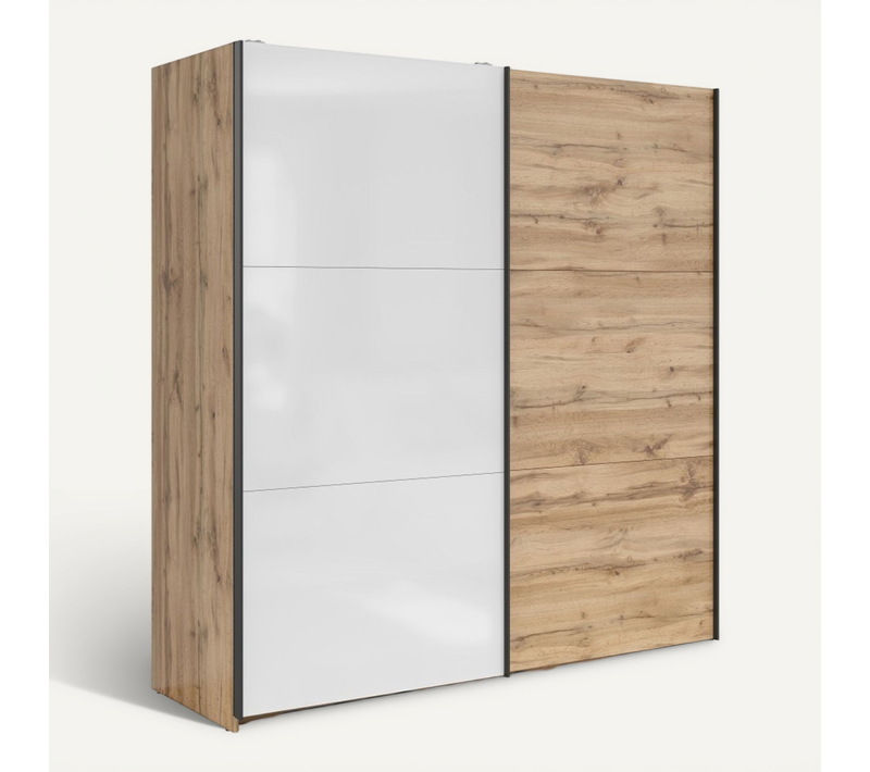 Armoire Placard à 2 Portes Coulissantes Coloris Blanc/chêne Wotan - L. 183 X P. 60 X H. 195,5 Cm