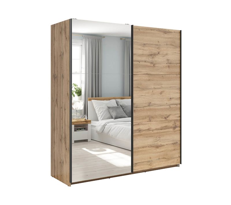 Armoire Placard à 2 Portes Coulissantes Dont 1 Porte Avec Miroir Coloris Chêne Wotan
