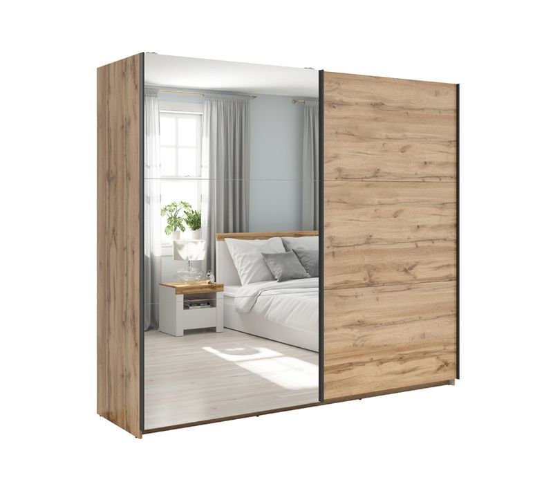 Armoire Placard à 2 Portes Coulissantes Dont 1 Porte Avec Miroir Coloris Chêne Wotan