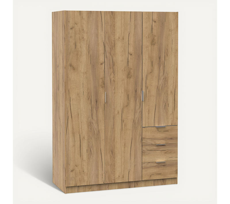 Armoire Placard à 3 Portes Et 3 Tiroirs Coloris Chêne - L. 120 X H. 180 X P. 50 Cm