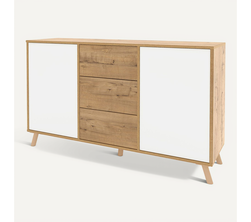 Commode Meuble De Rangement 2 Portes Et 3 Tiroirs Coloris Chêne Doré/blanc