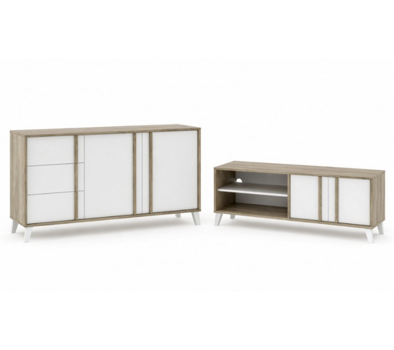 Ensemble De Salon Buffet + Meuble TV Style Scandinave – Coloris Chêne Clair Et Blanc