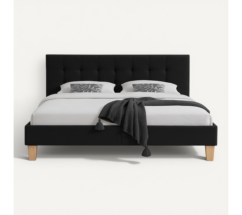 Lit Confortable Noir Avec Sommier Et Tête De Lit Capitonnée Pour Matelas 120x190 - Montage Rapide