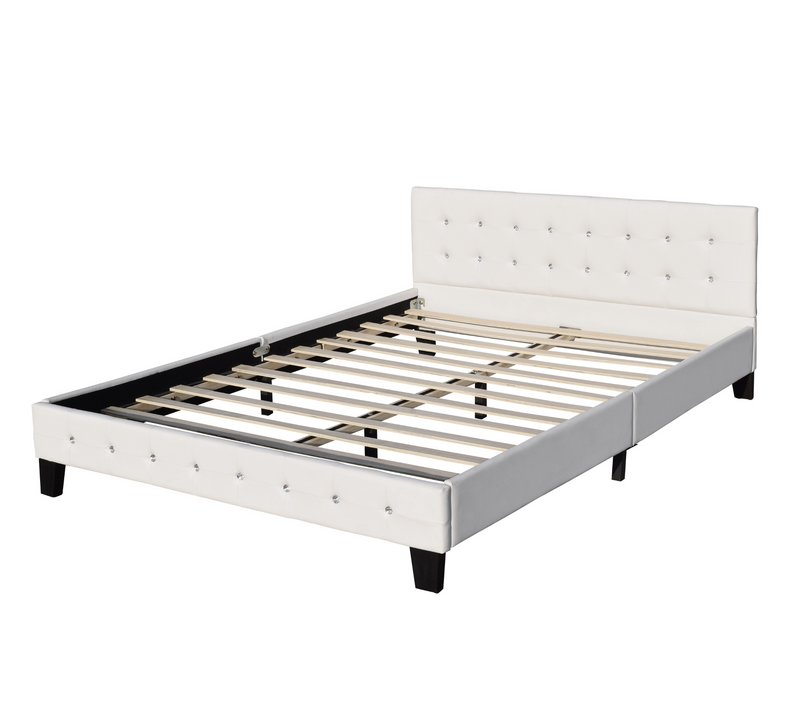 Lit 160x200 Cm Avec Tête De Lit Capitonnée Blanc, Pieds 10 Cm, 13 Lattes, Simili Pvc, Montage Facile