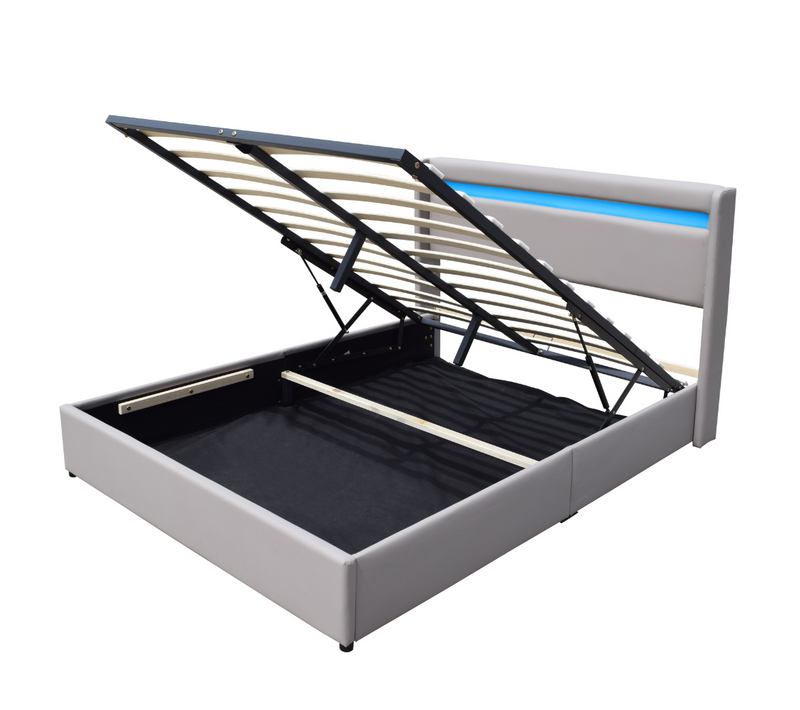 Lit Coffre Dehoussable Gris 140x200 Cm Avec Tête De Lit LED Et 14 Lattes, Revêtement Pvc Simili