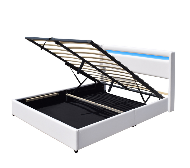 Lit Coffre De Rangement 140x190 Cm Avec Tête De Lit LED-12 Lattes-clementine-revêtement Pvc Simili