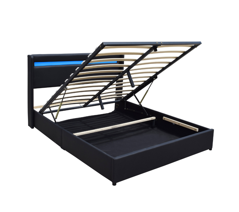 Lit Coffre Dehoussable 140x200 Cm Avec Tête De Lit LED Et 14 Lattes-revêtement Pvc Simili