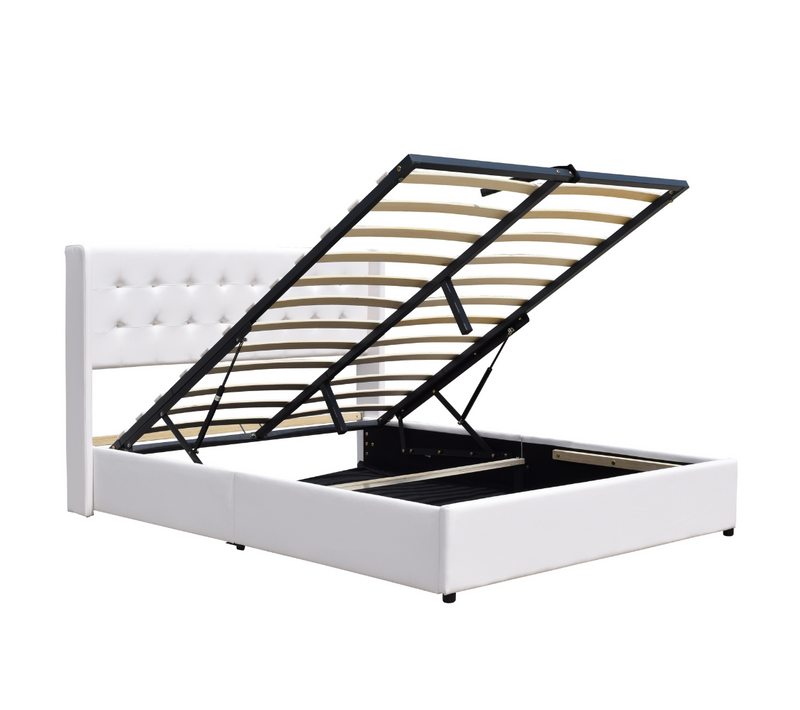 Lit Coffre De Rangement 140x200cm Avec Tête De Lit Capitonnée-14 Lattes-revêtement Pvc