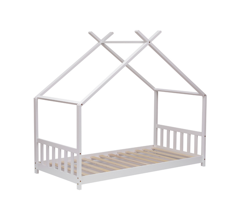 Lit Cabane Pin Massif 90x190 Cm Blanc, 10 Lattes Contreplaqué Peuplier - Nikita