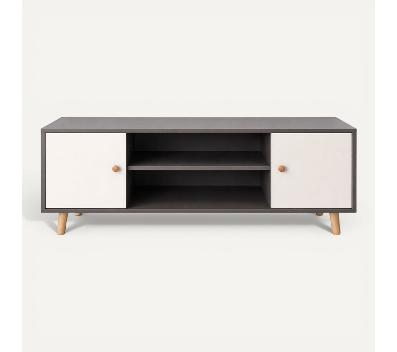 Meuble TV Design Samy - L. 120 X H. 50 Cm - Blanc Et Gris Foncé