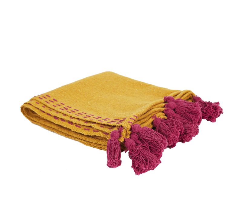 Jeté De Canapé Surpiqué Avec Pompons - 130 X 170 Cm - Orange Et Rose