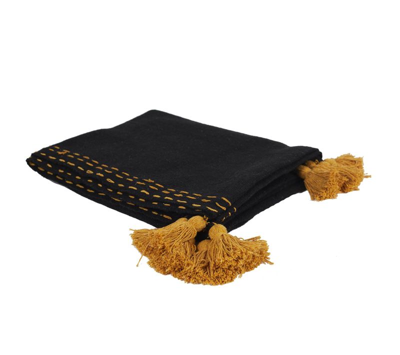Jeté De Canapé Surpiqué Avec Pompons - 130 X 170 Cm - Noir Et Ambre
