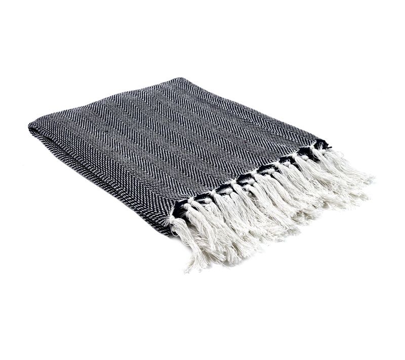 Plaid Imprimé Géométrique Avec Franges Nouées - 125x150cm - Bleu Marine