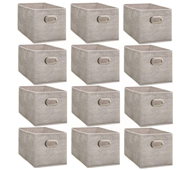 Lot De 12 Boites De Rangement En Tissu Avec Poignée - Longueur 31 X Hauteur 15 Cm - Beige Chiné