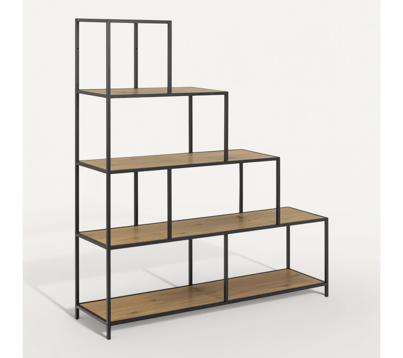 Bibliothèque Escalier Sur 4 Niveaux En Métal Et Mélamine - H.135 Cm - Noir Et Beige
