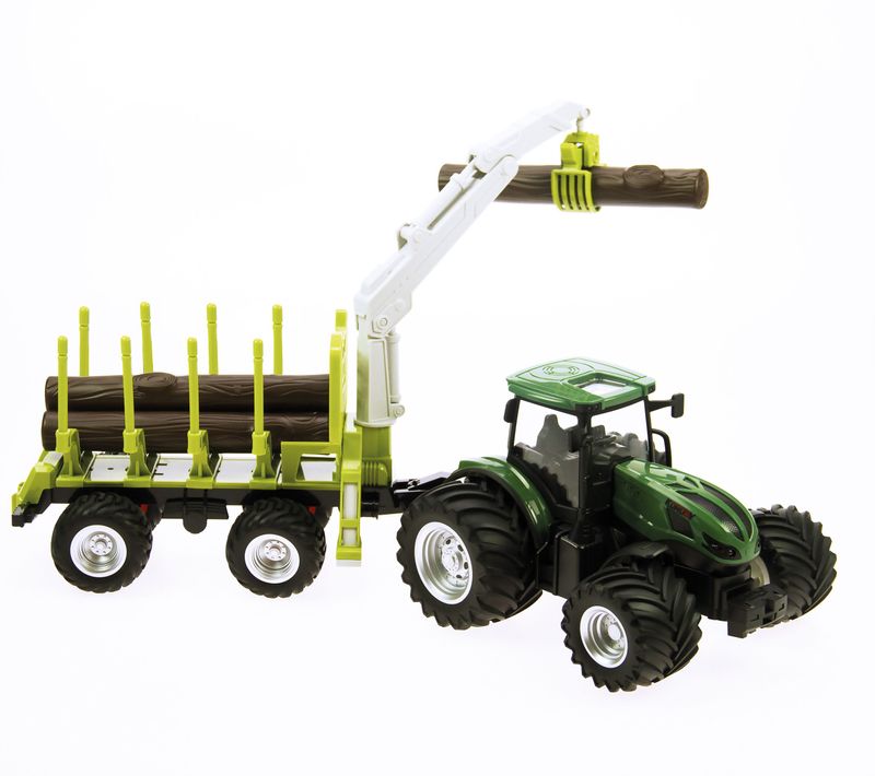 Tracteur 1:24 Coque Acier Avec Remorque Forestière Et 3 Rondins De Bois