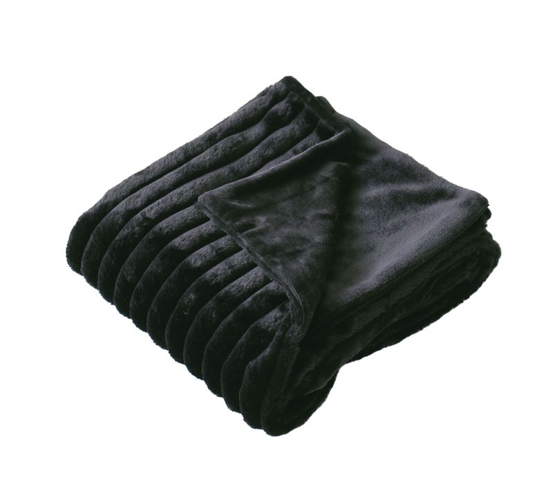 Plaid Sela Imitiation Fourrure Côtélée Et Flanelle - 150 X 125 Cm - Noir