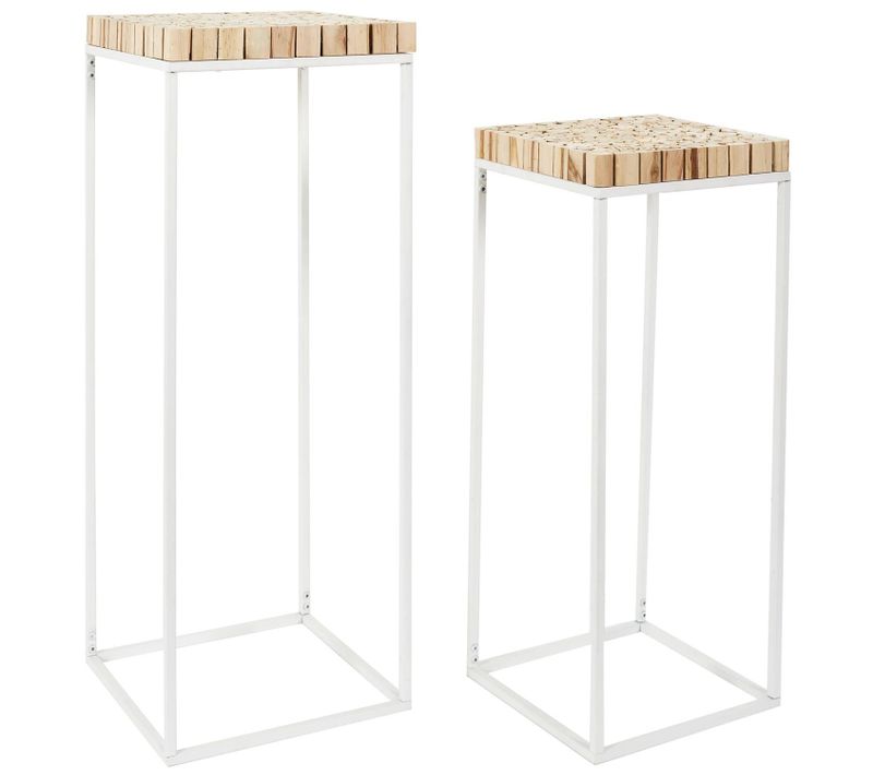 Set De 2 Sellettes Gigognes Effet Rondin De Bois En Bois Et Métal - Blanc Et Marron