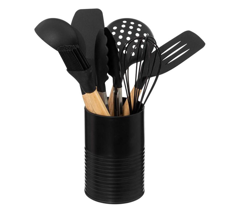 Lot De 7 Ustensiles Manche Bois Avec Pot - Noir