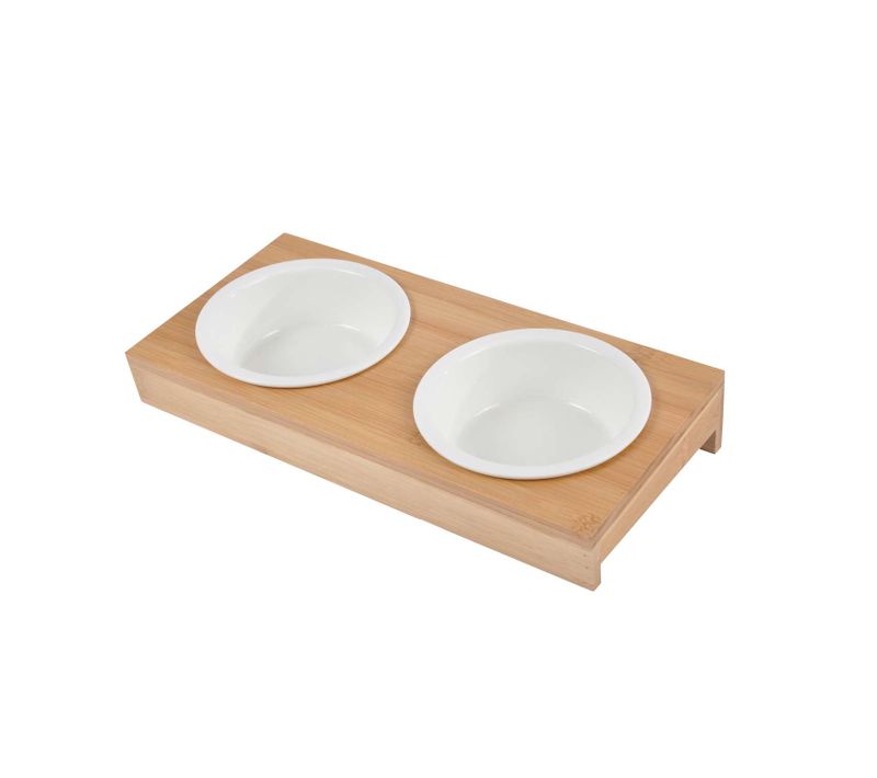 Gamelle Double En Céramique Et Bambou Pour Chien Et Chat - Diam 12 Cm